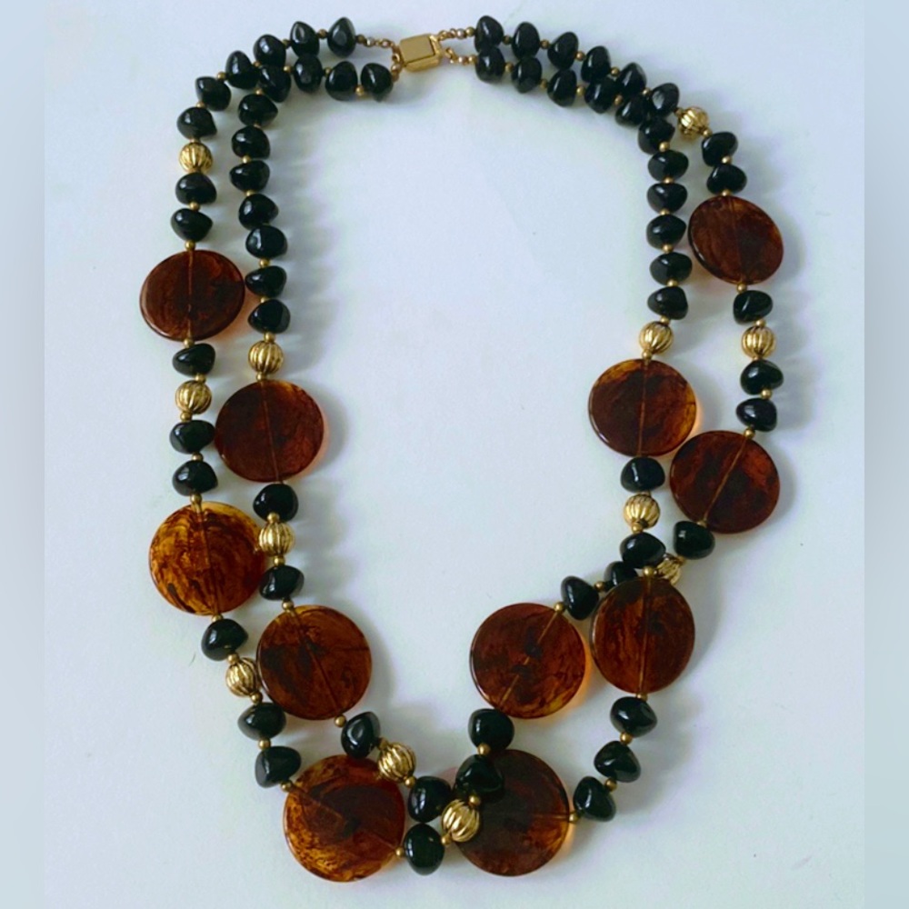 Vintage Statement Necklace Tortoise Shell And Bla… - image 1